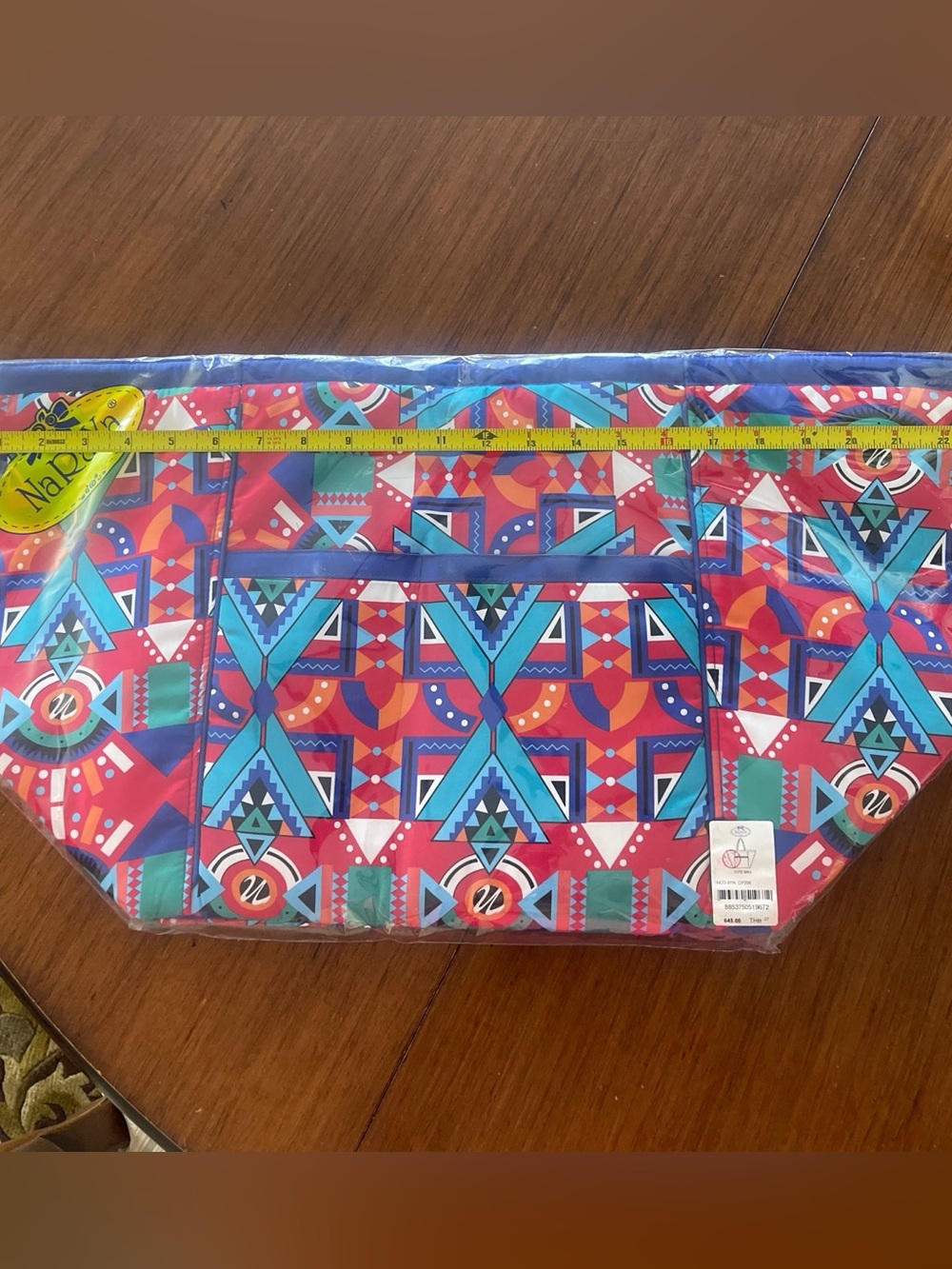Colorful Geometric Tote Bag with Blue Trim
